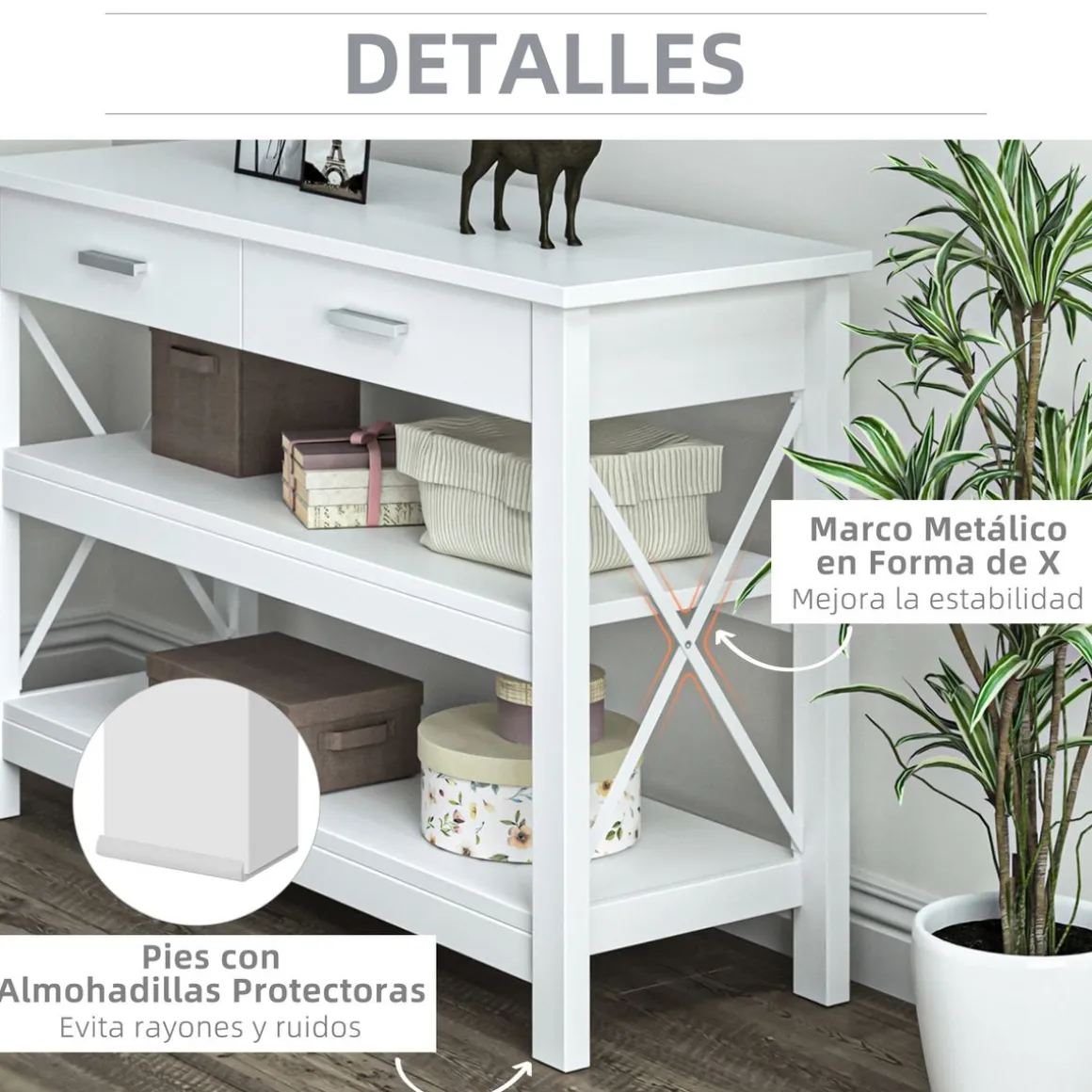Consola recibidor Maya Homcom 2 cajones + 2 estantes blanco 76x105x40 cm