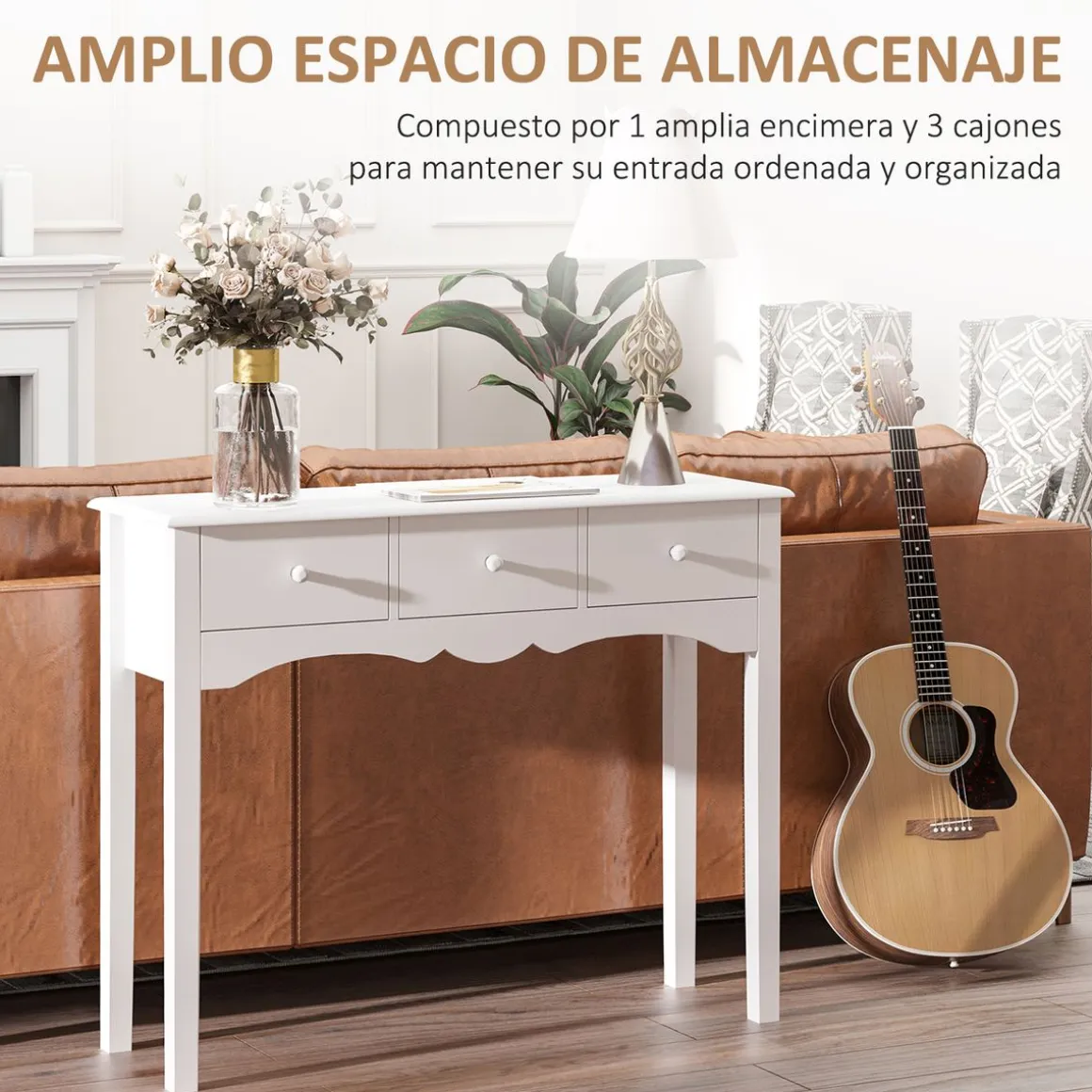 Consola recibidor Nanma Homcom 3 cajones blanco 85x100x32 cm