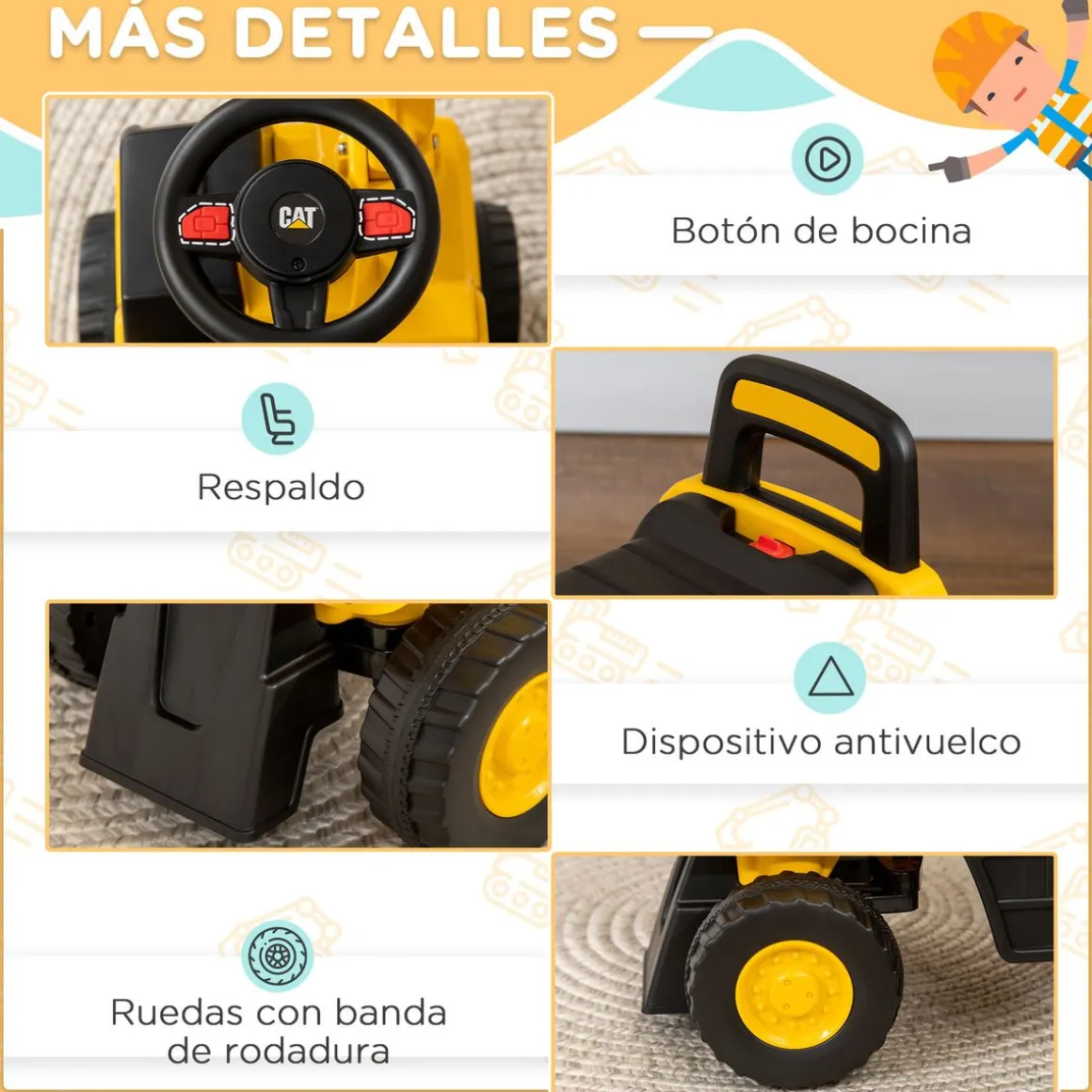 Correpasillos Excavadora Homcom con accesorios y licencia CAT amarillo 47,5x27,5x85 cm