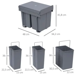 Cubo de basura Homcom 3 contenedores extraíble gris 41,8x48x34,2 cm