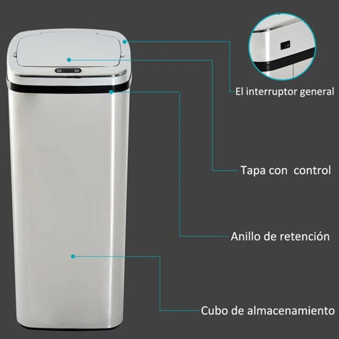 Cubo de basura inteligente Homcom 50L inox 84x33x25 cm