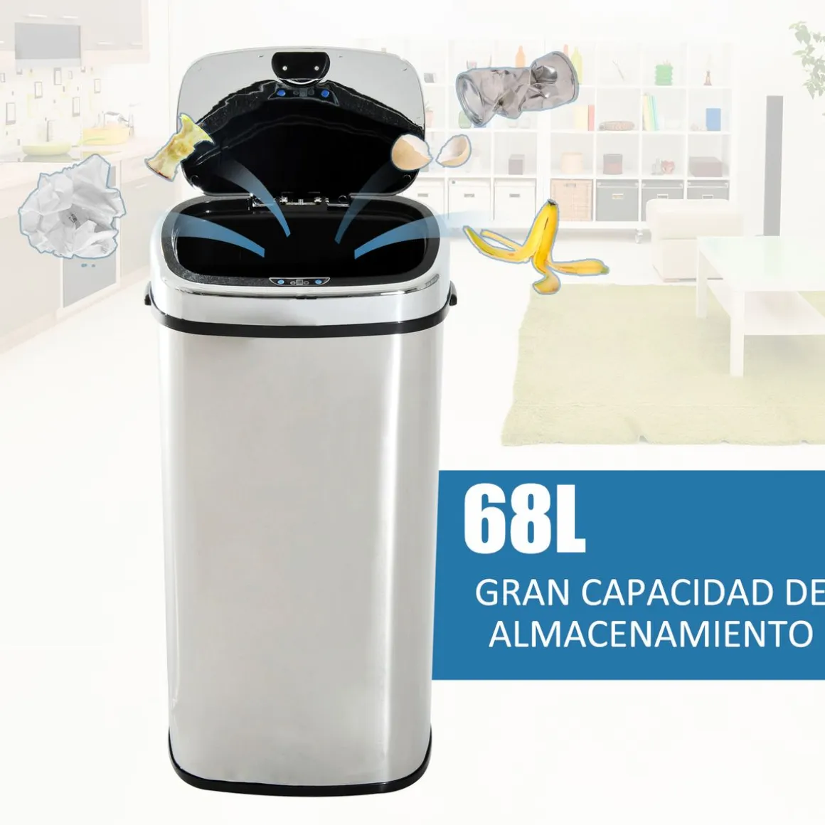 Cubo de basura Kasai Homcom 68L sensor de apertura acero inox 78x40,5x29,5 cm