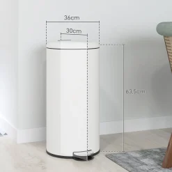 Cubo de basura Vela Homcom 30L con pedal + cubo extraíble blanco Ø36x63,5 cm