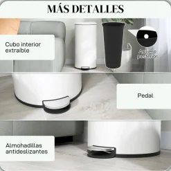Cubo de basura Vela Homcom 30L con pedal + cubo extraíble blanco Ø36x63,5 cm