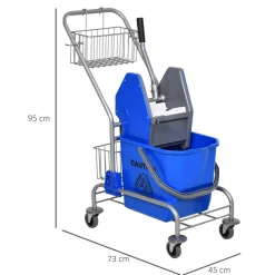 Cubo de fregar Homcom 26L con ruedas + cestas + escurridor a presión azul 95x73x45 cm