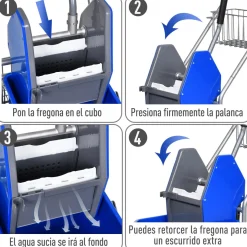 Cubo de fregar Homcom 26L con ruedas + cestas + escurridor a presión azul 95x73x45 cm