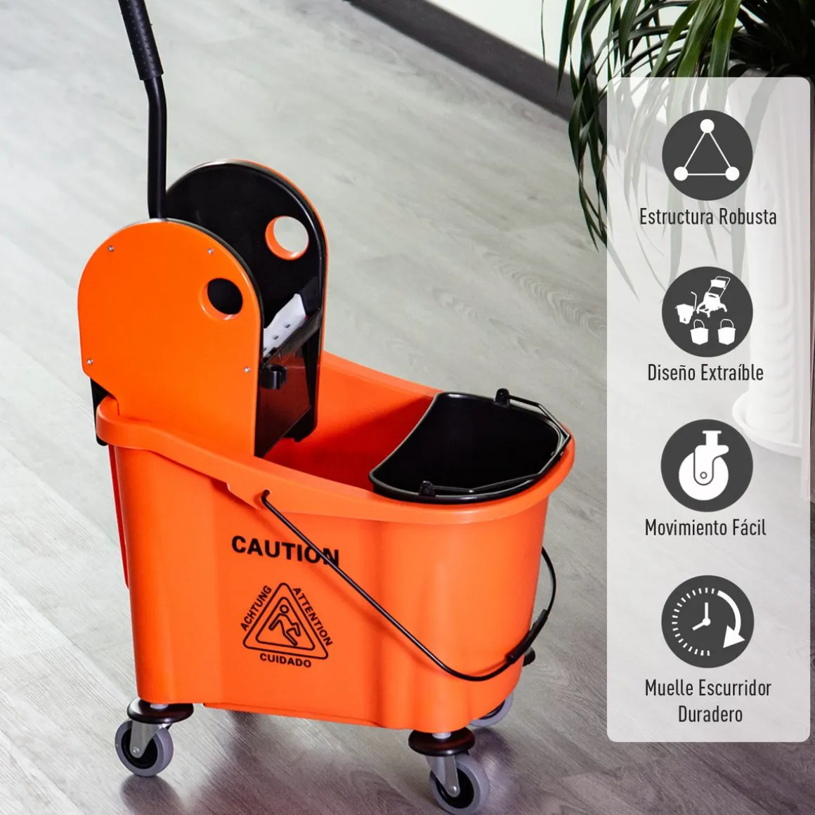 Cubo de fregona Homcom 36L escurridor de presión con ruedas naranja 91,5x54x41 cm