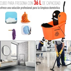 Cubo de fregona Homcom 36L escurridor de presión con ruedas naranja 91,5x54x41 cm