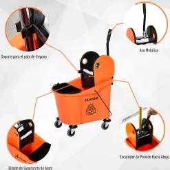 Cubo de fregona Homcom 36L escurridor de presión con ruedas naranja 91,5x54x41 cm