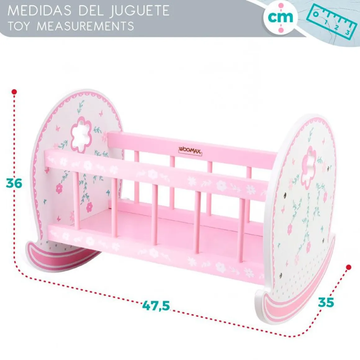 Cuna para muñecos Woomax madera +3A blanco/rosa 36x47,5x35 cm