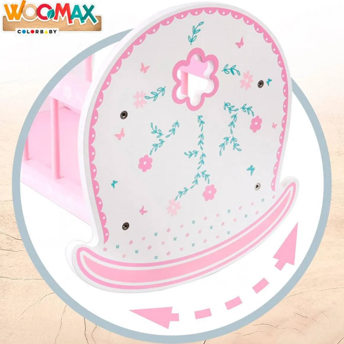 Cuna para muñecos Woomax madera +3A blanco/rosa 36x47,5x35 cm