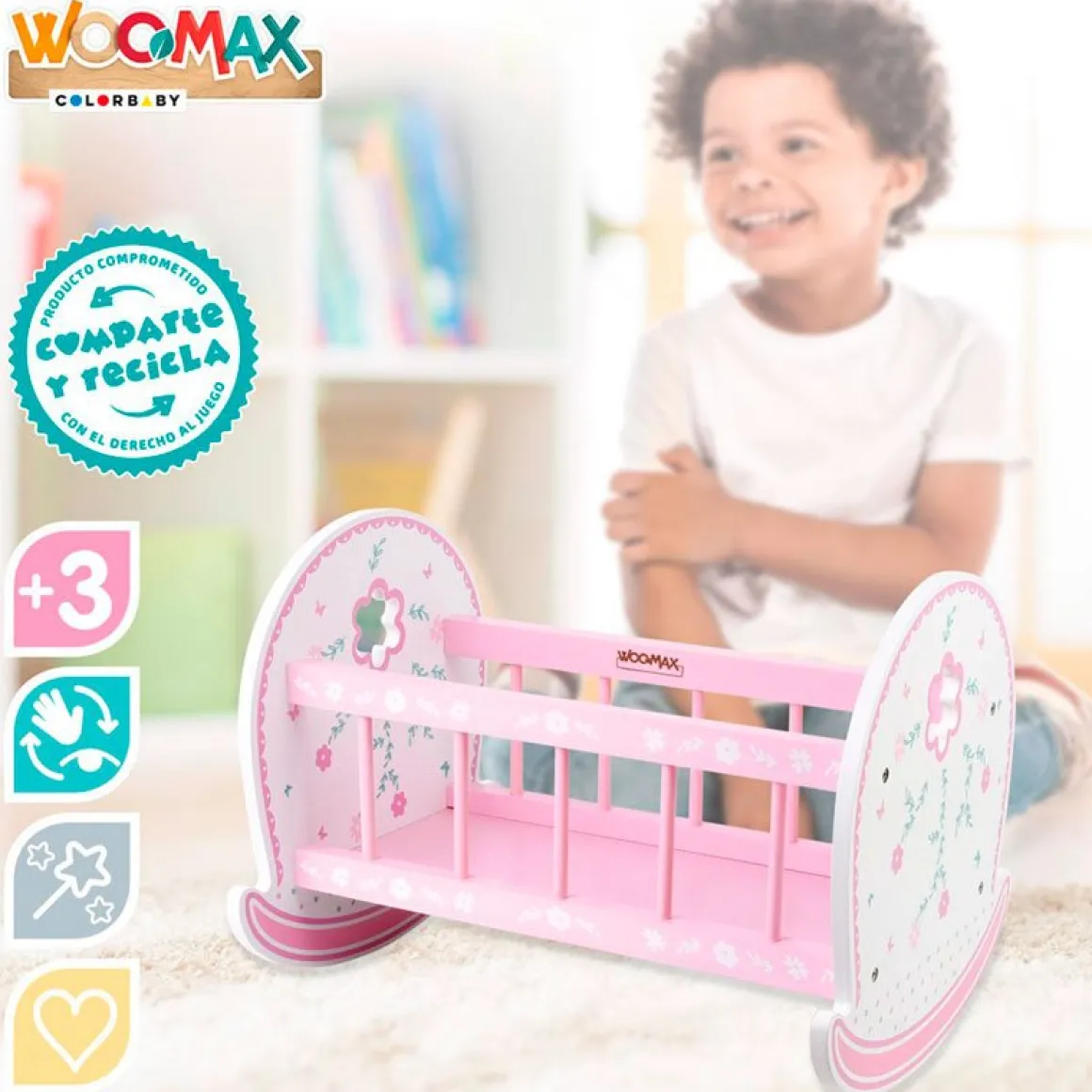 Cuna para muñecos Woomax madera +3A blanco/rosa 36x47,5x35 cm