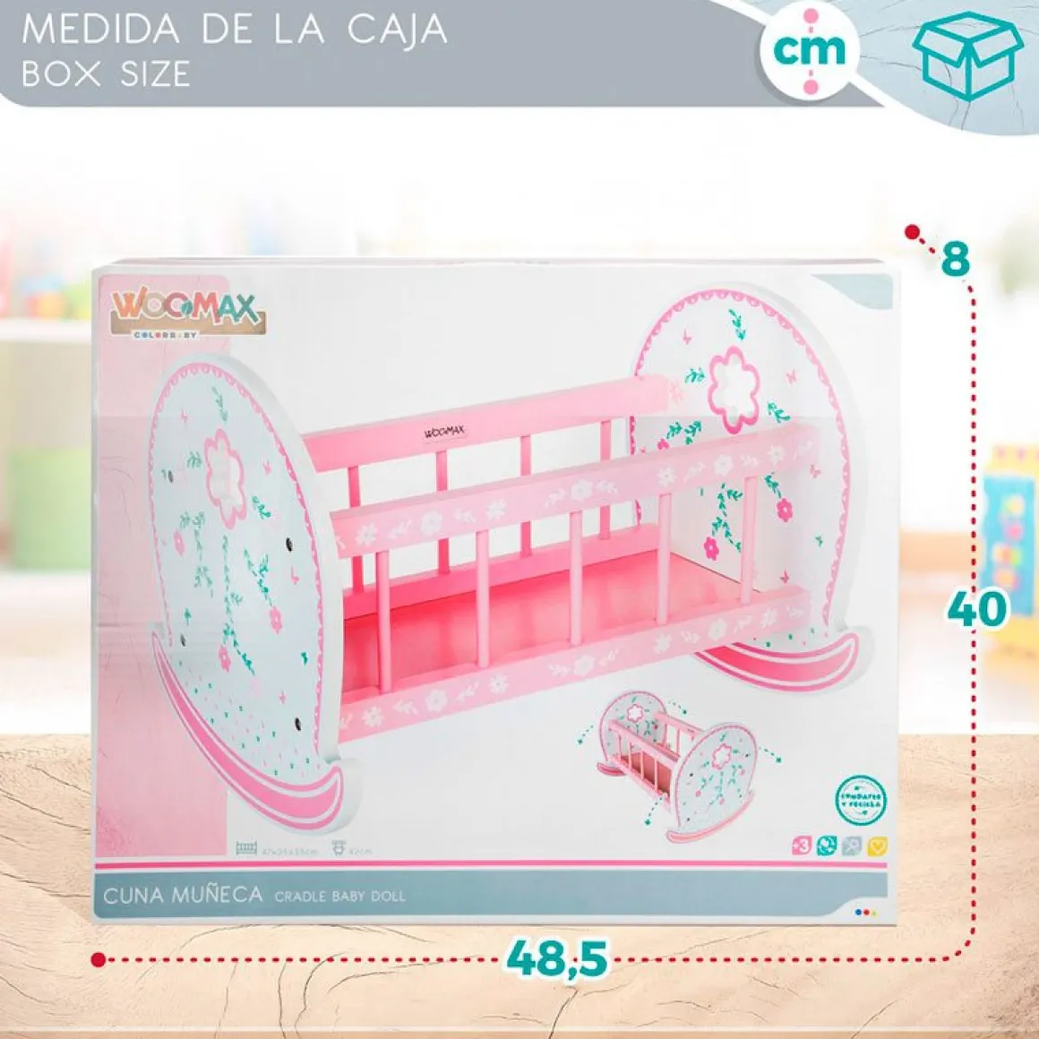 Cuna para muñecos Woomax madera +3A blanco/rosa 36x47,5x35 cm