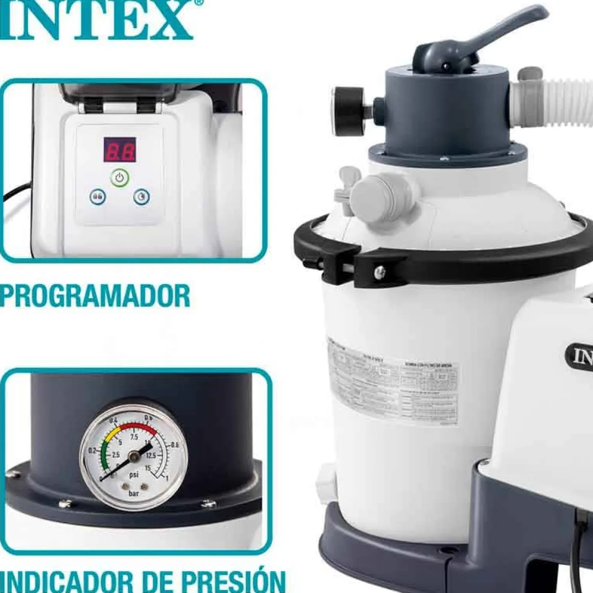 Depuradora de arena Krystal Clear Intex 3500L/h 90W con temporizador gris