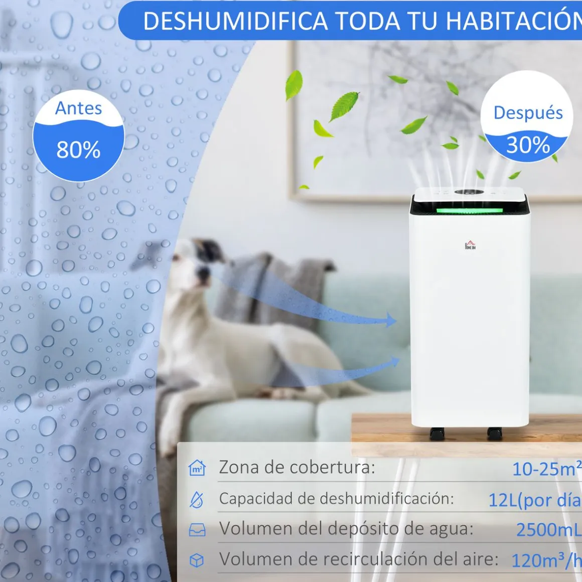 Deshumidificador eléctrico Homcom 12L 2 velocidades 5 modos blanco 50,5x25 cm