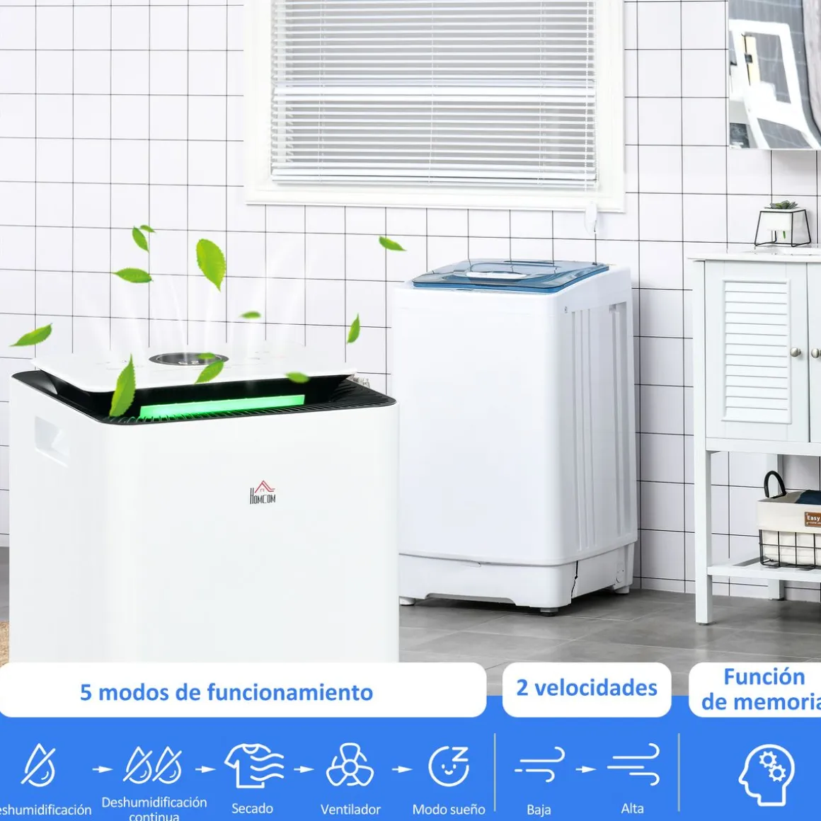 Deshumidificador eléctrico Homcom 12L 2 velocidades 5 modos blanco 50,5x25 cm
