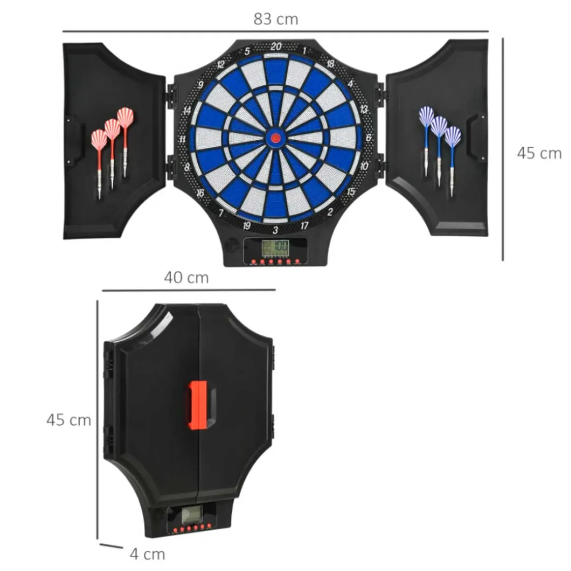 Diana electrónica Sportnow plegable 31 juegos 8 jugadores 6 dardos pantalla LCD negro 45x83x4 cm