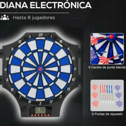 Diana electrónica Sportnow plegable 31 juegos 8 jugadores 6 dardos pantalla LCD negro 45x83x4 cm