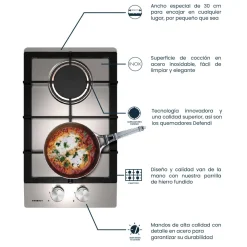 Encimera de gas Infiniton GAS-IX02 4300W 2 fuegos inox 30 cm