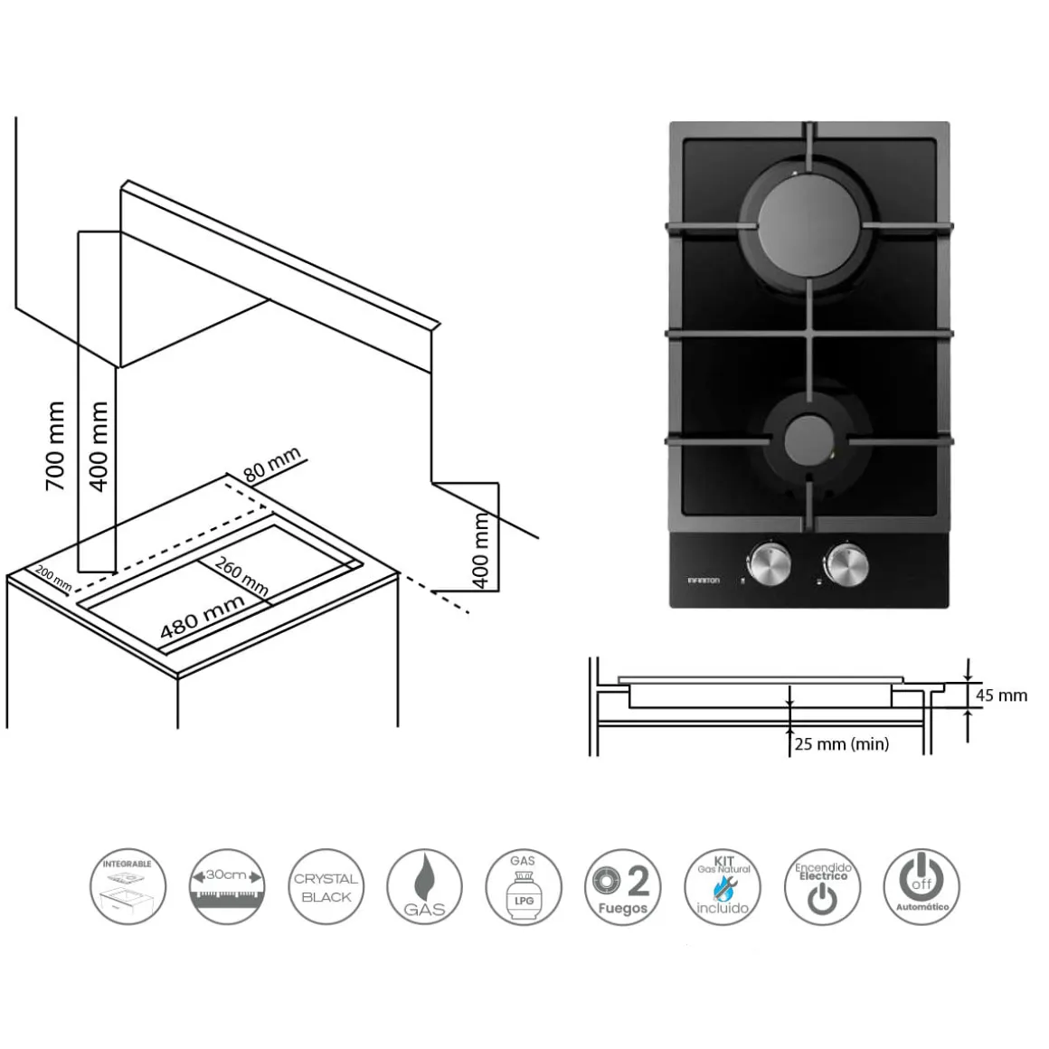 Encimera de gas Infiniton GAS-CR2B 4300W 2 fuegos negro 30 cm