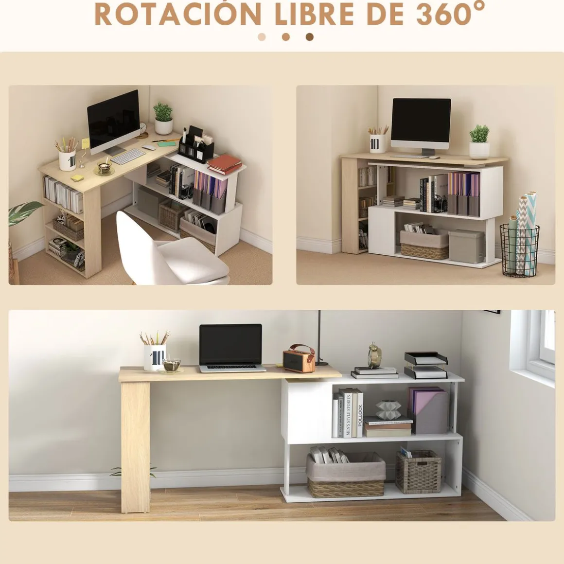 Escritorio Aventa Homcom multiposición 360º blanco/natural 74,5x120x110 cm