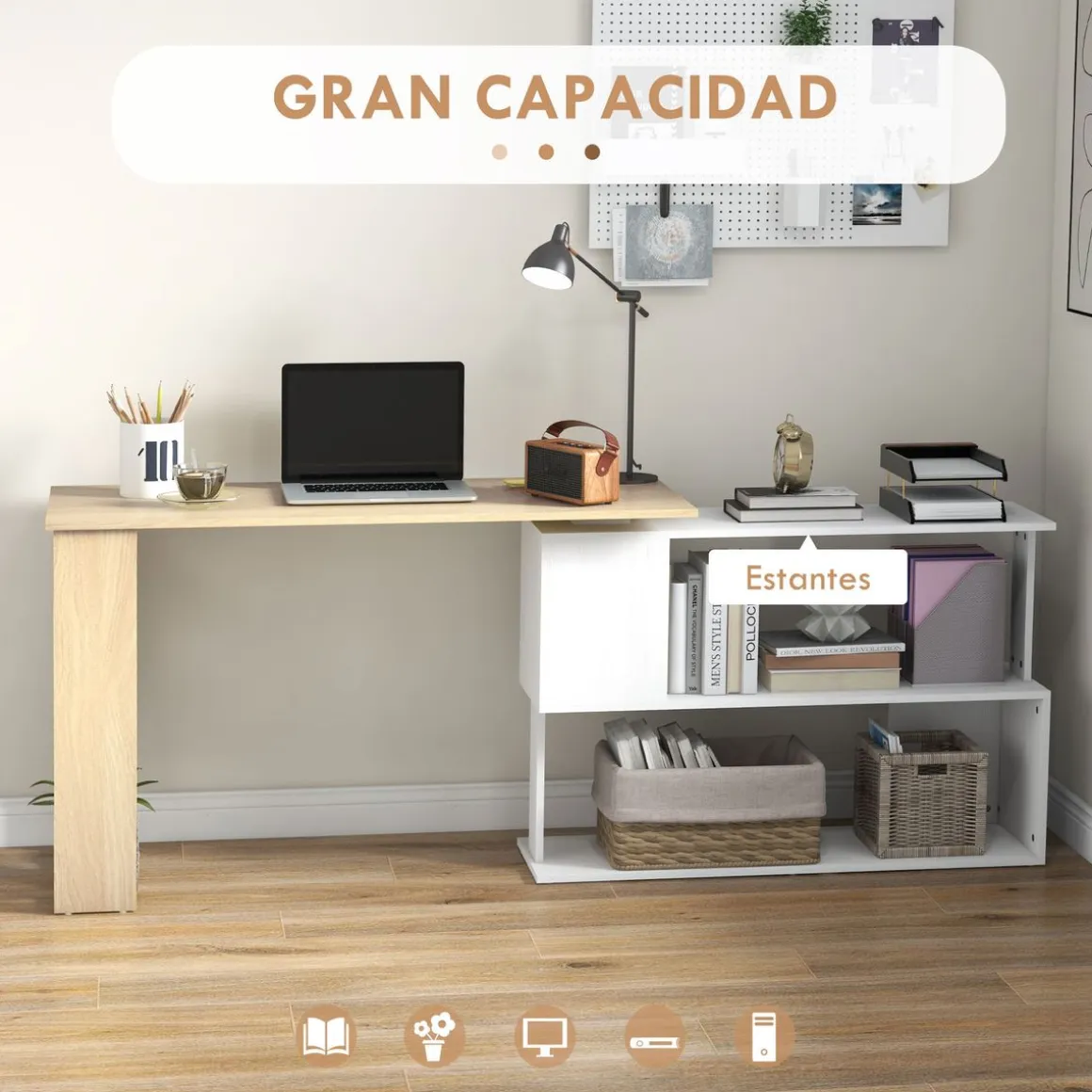 Escritorio Aventa Homcom multiposición 360º blanco/natural 74,5x120x110 cm