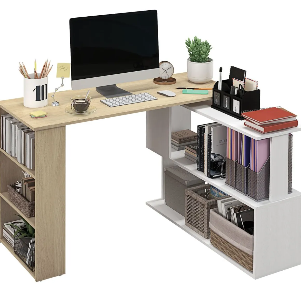 Escritorio Aventa Homcom multiposición 360º blanco/natural 74,5x120x110 cm