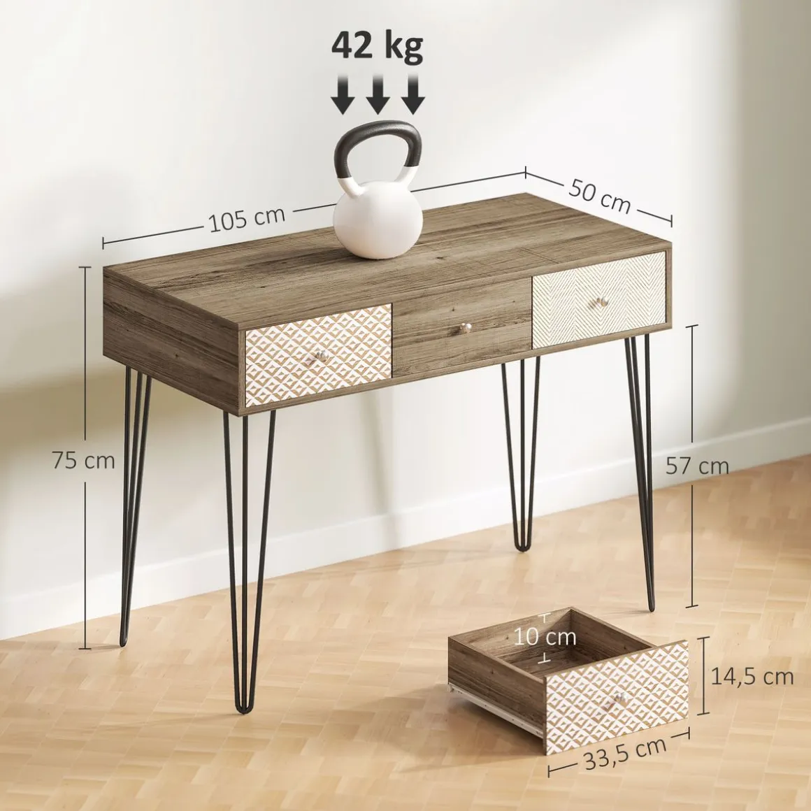 Escritorio Bohemia Homcom 3 cajones natural 75x105x50 cm