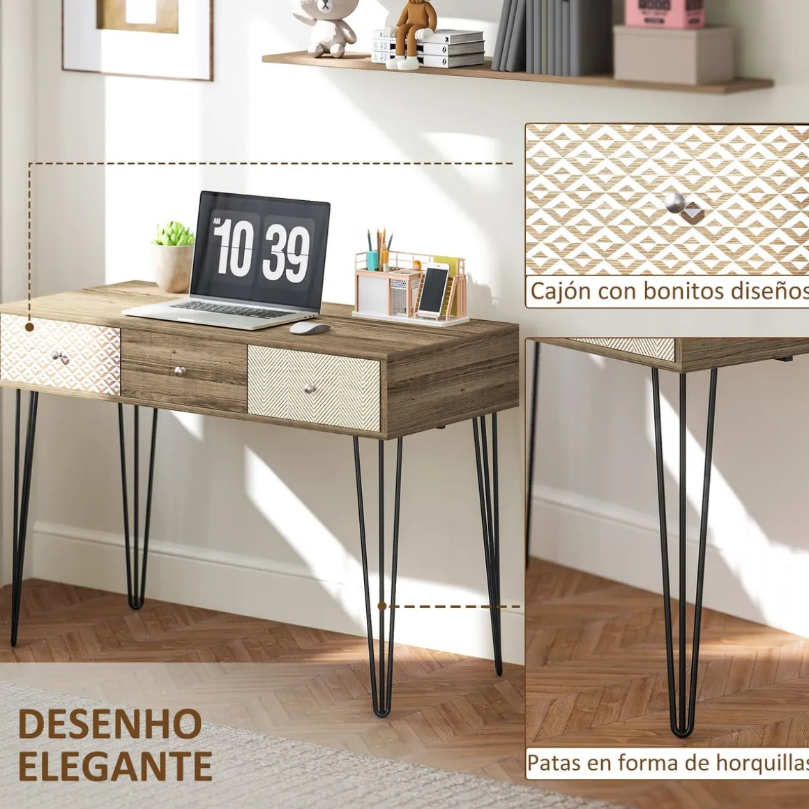 Escritorio Bohemia Homcom 3 cajones natural 75x105x50 cm