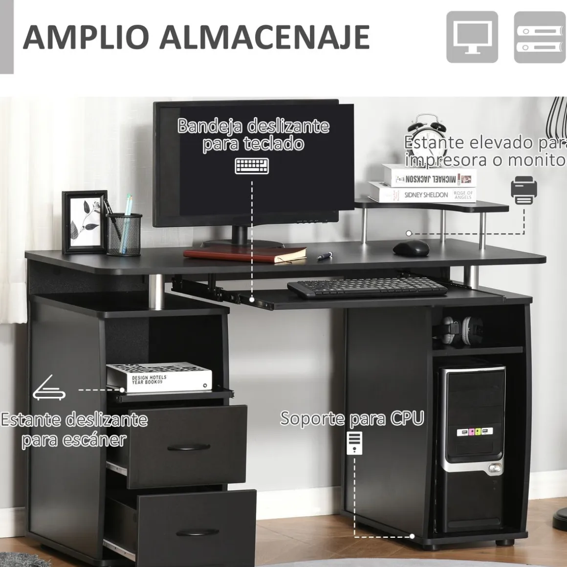 Escritorio Capricornio Homcom 2 cajones + bandeja + soportes 85x120x55 cm