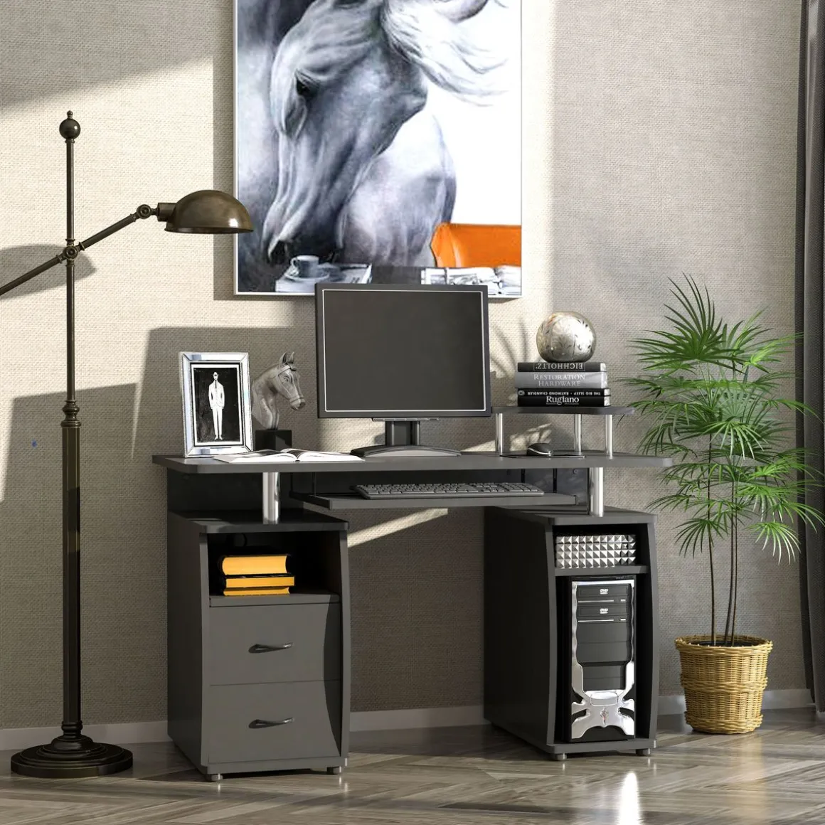 Escritorio Capricornio Homcom 2 cajones + bandeja + soportes 85x120x55 cm