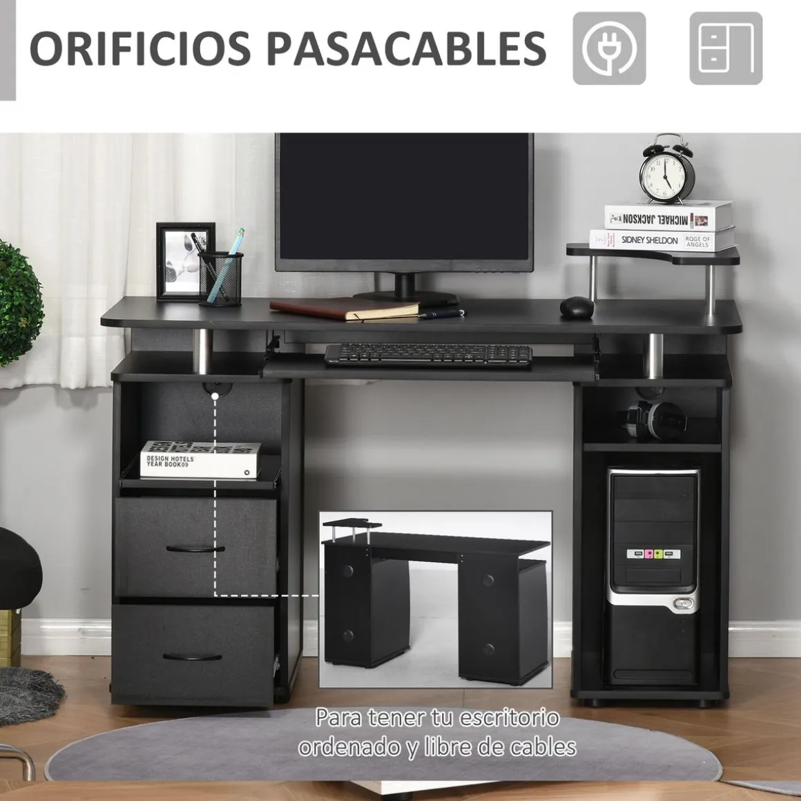 Escritorio Capricornio Homcom 2 cajones + bandeja + soportes 85x120x55 cm