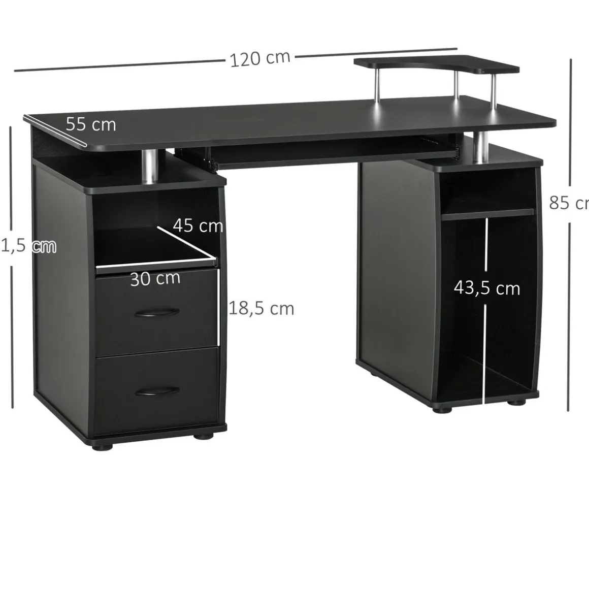 Escritorio Capricornio Homcom 2 cajones + bandeja + soportes 85x120x55 cm