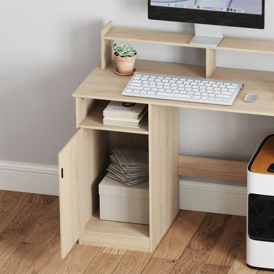 Escritorio Celeste Homcom soporte para monitor + armario 94x108x50 cm