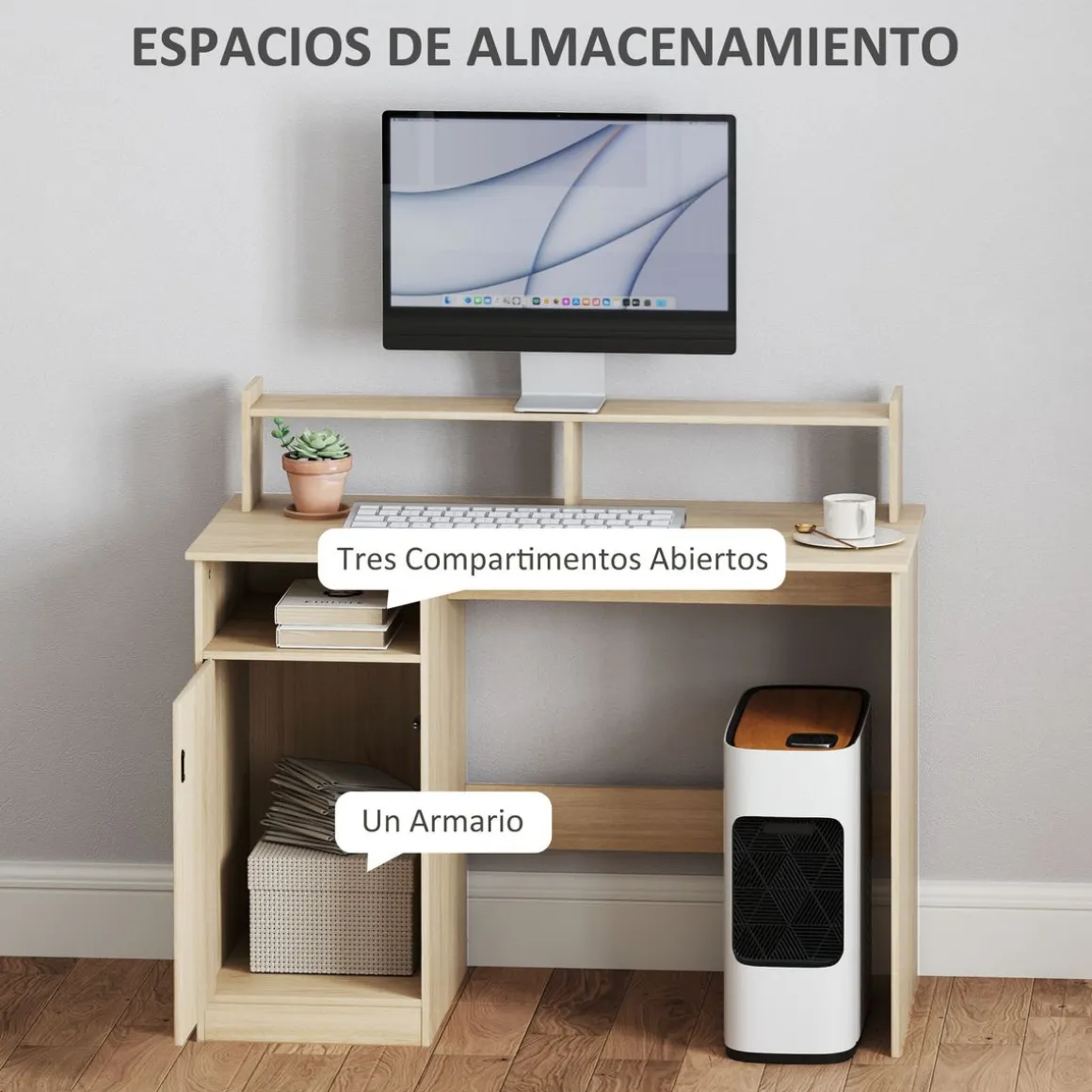 Escritorio Celeste Homcom soporte para monitor + armario 94x108x50 cm