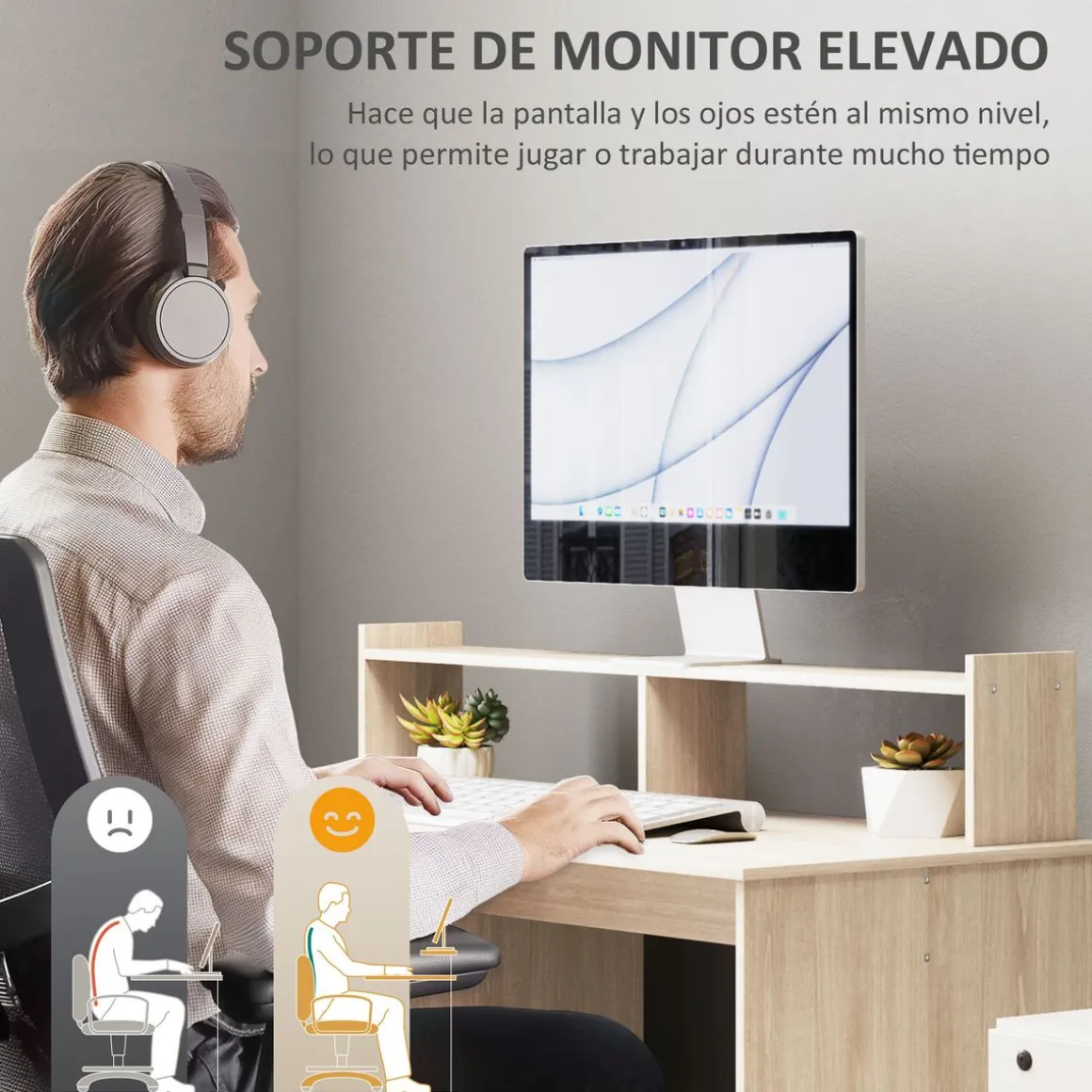 Escritorio Celeste Homcom soporte para monitor + armario 94x108x50 cm