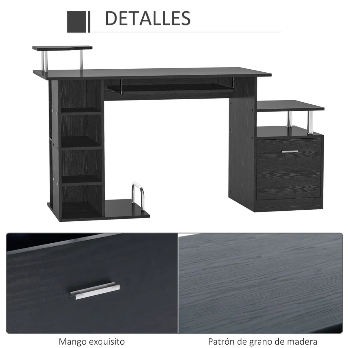 Escritorio Creew Homcom 6 estantes + cajón + bandeja + soportes negro 88x152x60 cm