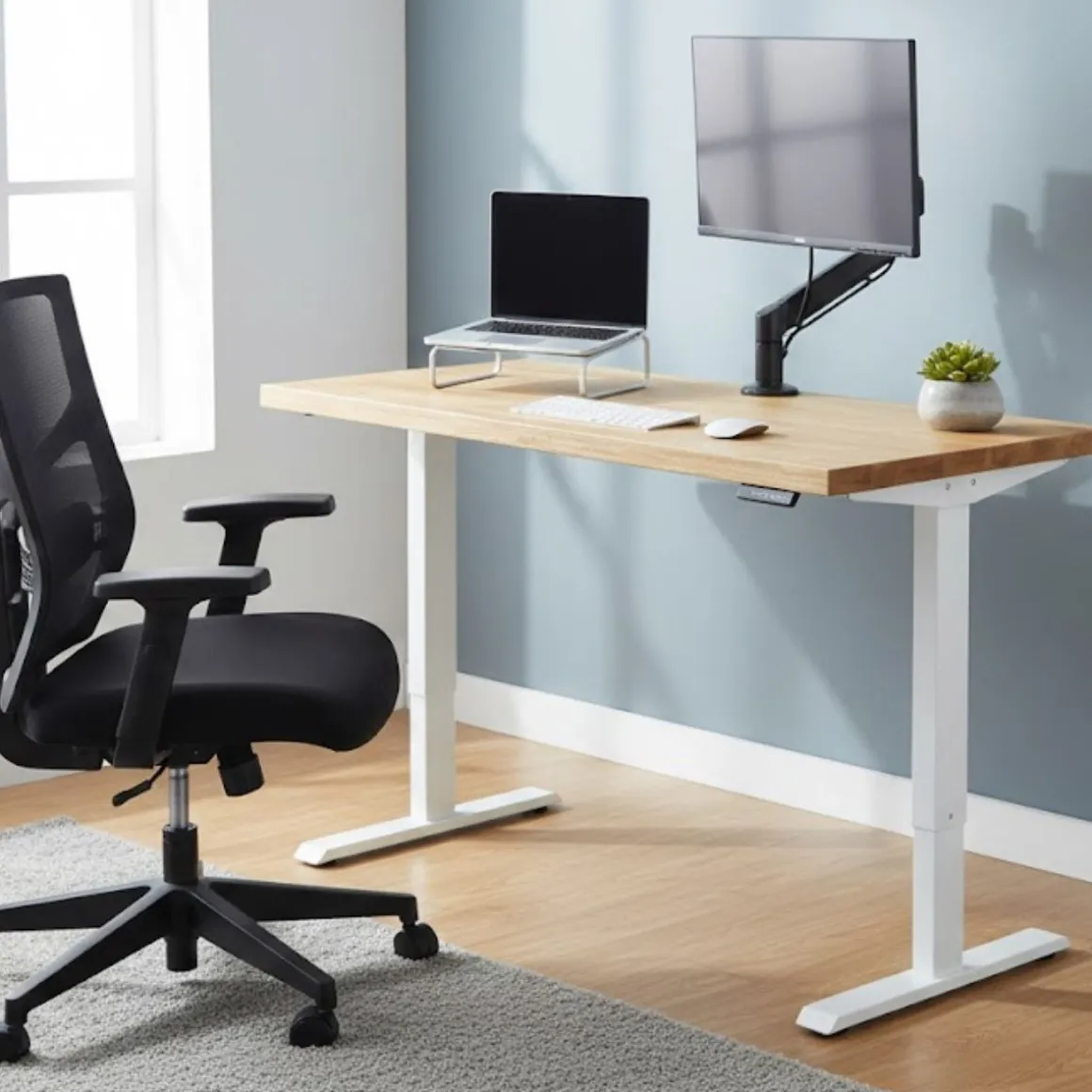 Escritorio elevable Stand altura regulable con motor blanco/natural 76-120x140x70 cm