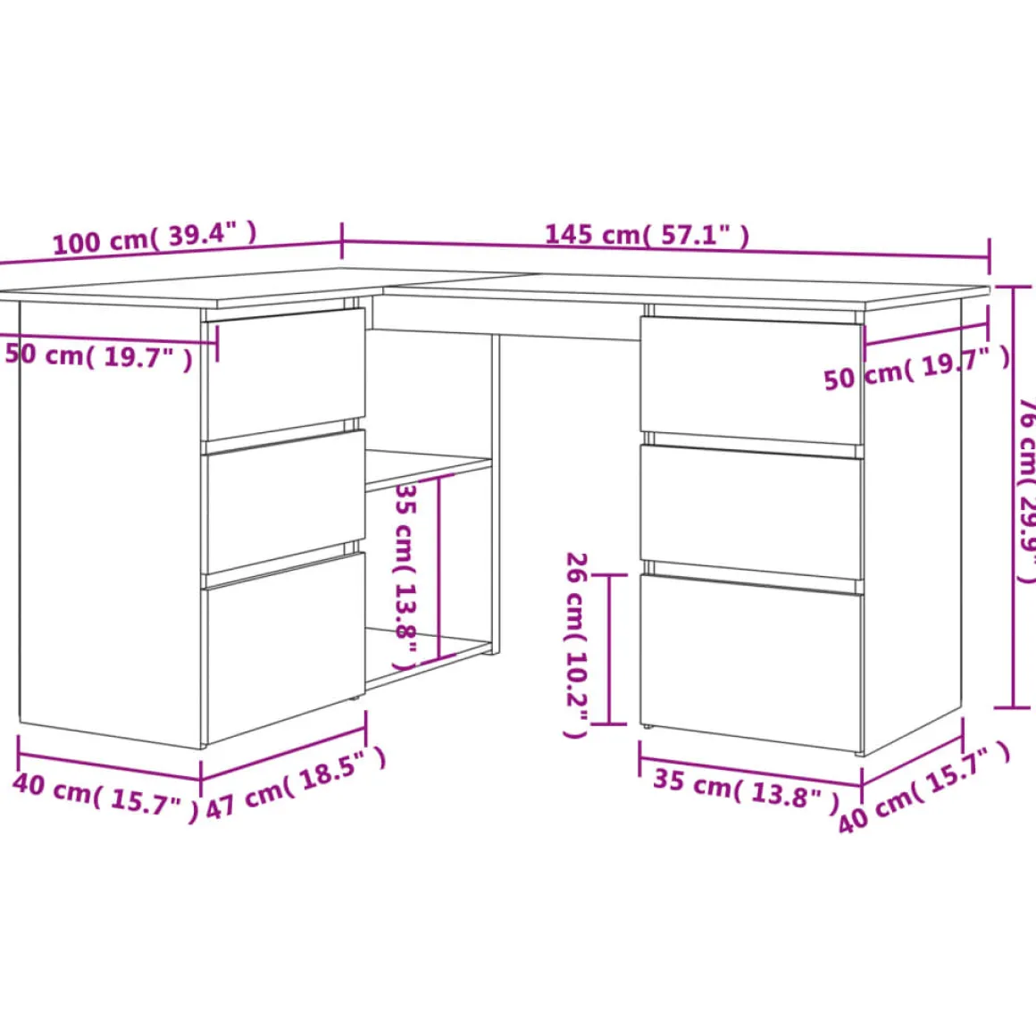 Escritorio esquinero Cum Laude 4 cajones + 2 puertas 76x145x100 cm
