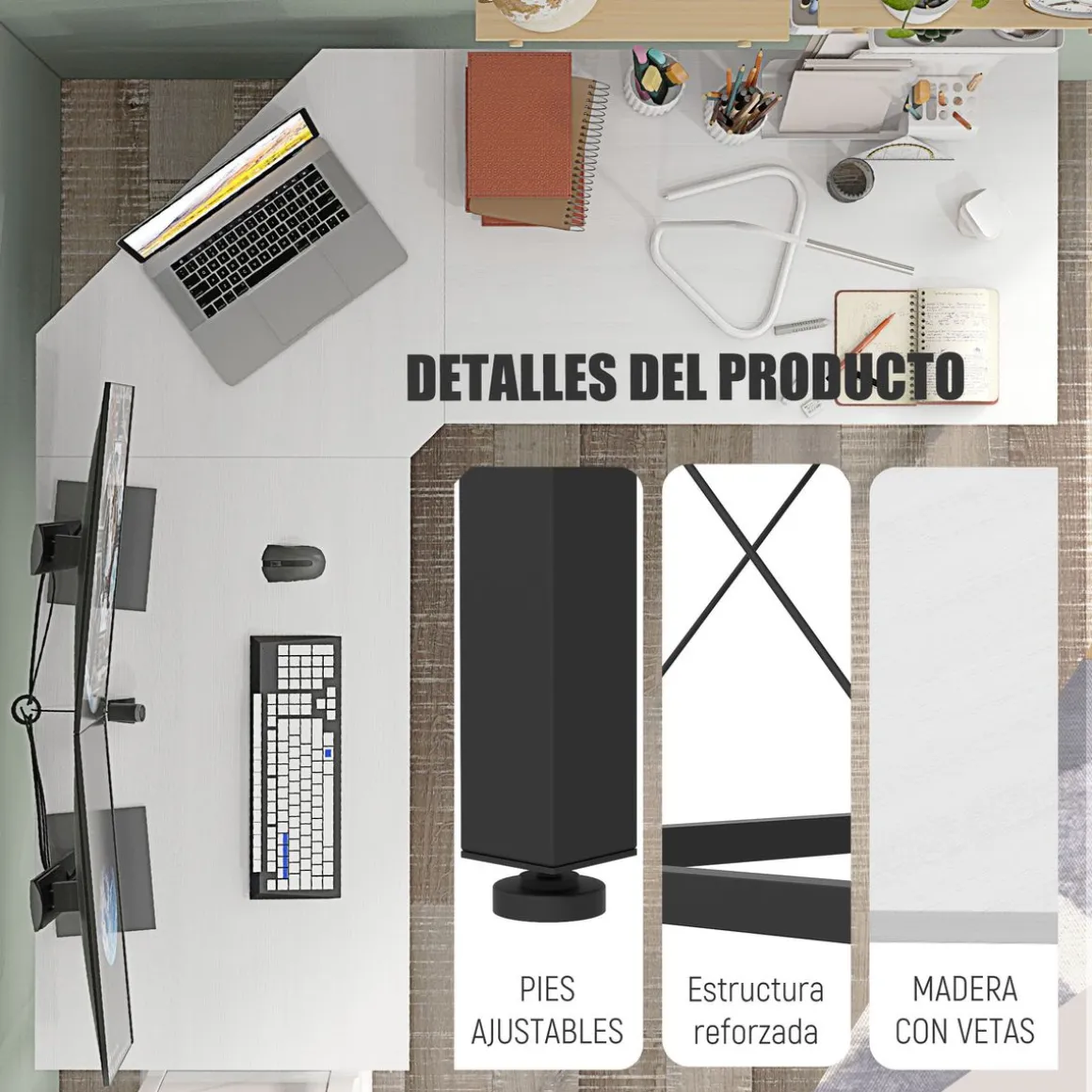 Escritorio Frambuesa Homcom diseño esquinero blanco 76x150x150 cm