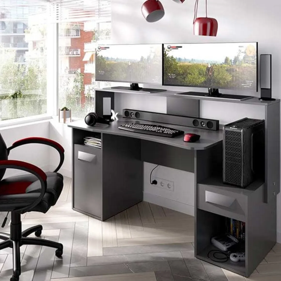Escritorio gaming Fosk 2 compartimentos con cajón y armario grafito