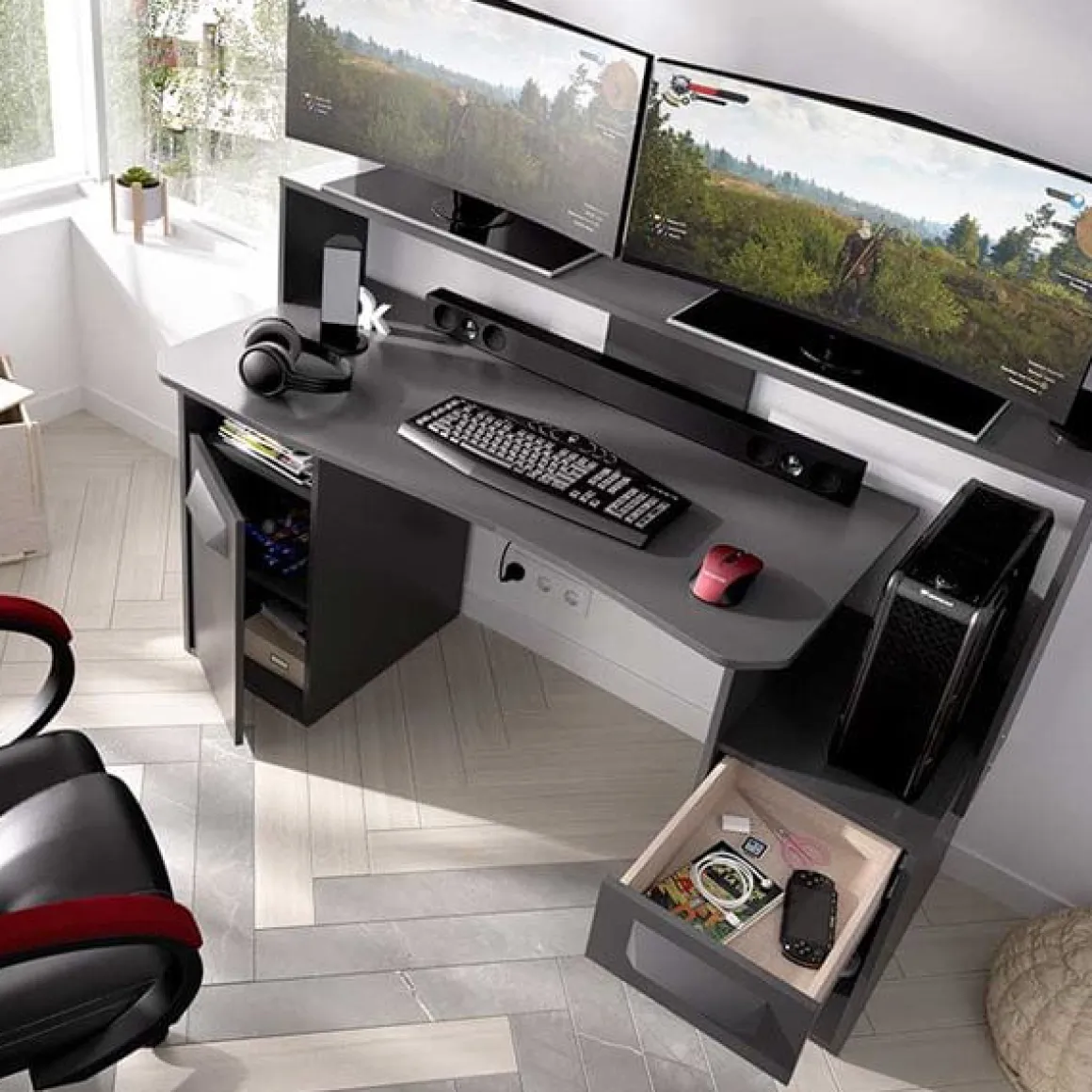 Escritorio gaming Fosk 2 compartimentos con cajón y armario grafito