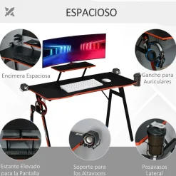 Escritorio gaming Homcom con soporte + gancho + portavasos negro 94,5x120x60 cm