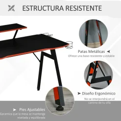 Escritorio gaming Homcom con soporte + gancho + portavasos negro 94,5x120x60 cm