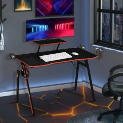 Escritorio gaming Homcom con soporte + gancho + portavasos negro 94,5x120x60 cm