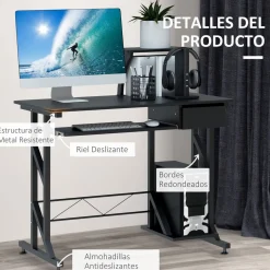 Escritorio Hof Homcom bandeja de teclado + cajón negro 95x90x50 cm