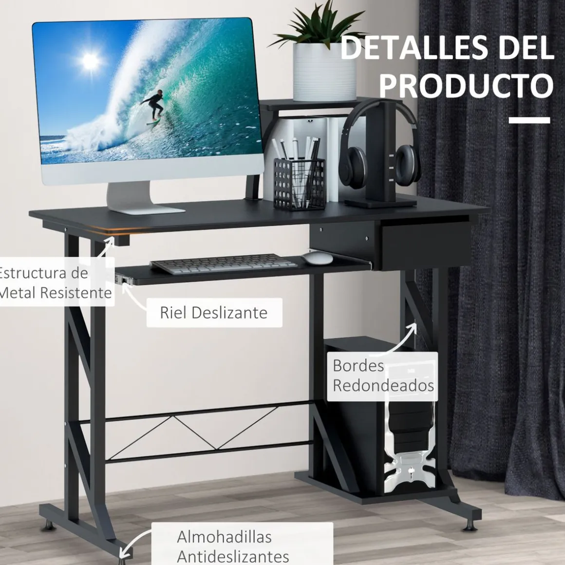 Escritorio Hof Homcom bandeja de teclado + cajón negro 95x90x50 cm