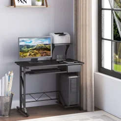 Escritorio Hof Homcom bandeja de teclado + cajón negro 95x90x50 cm