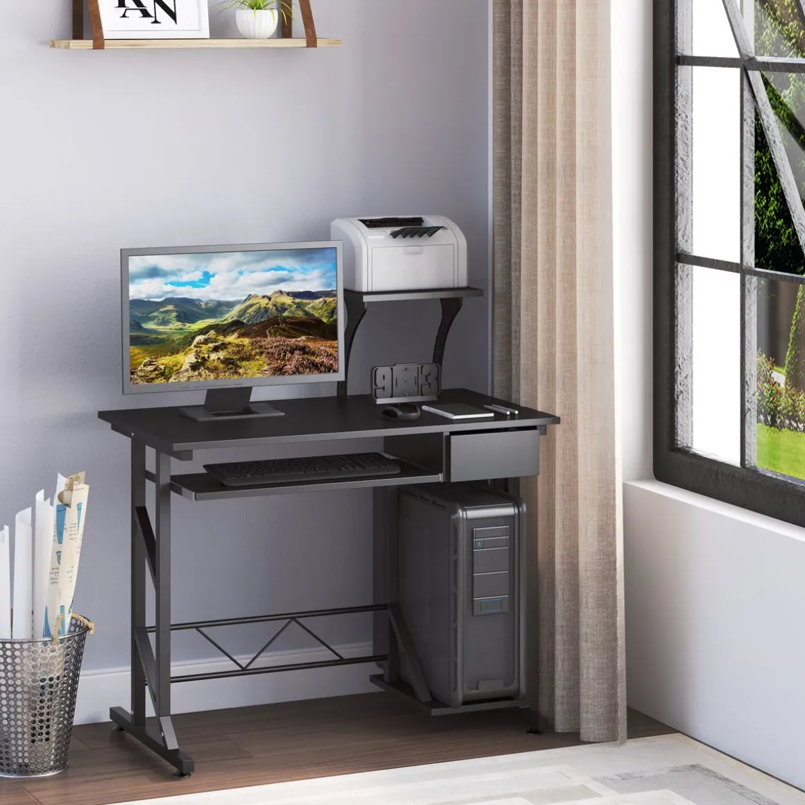 Escritorio Hof Homcom bandeja de teclado + cajón negro 95x90x50 cm