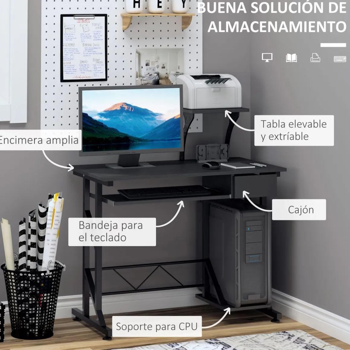 Escritorio Hof Homcom bandeja de teclado + cajón negro 95x90x50 cm